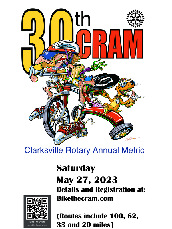 Cartoony poster for a annual bicycle race head in Clarksville, TN.