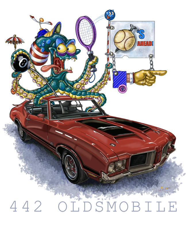 A photo-realistic drawing of a 442 Oldsmobile car with a crazy cartoony octopus riding on the roof.