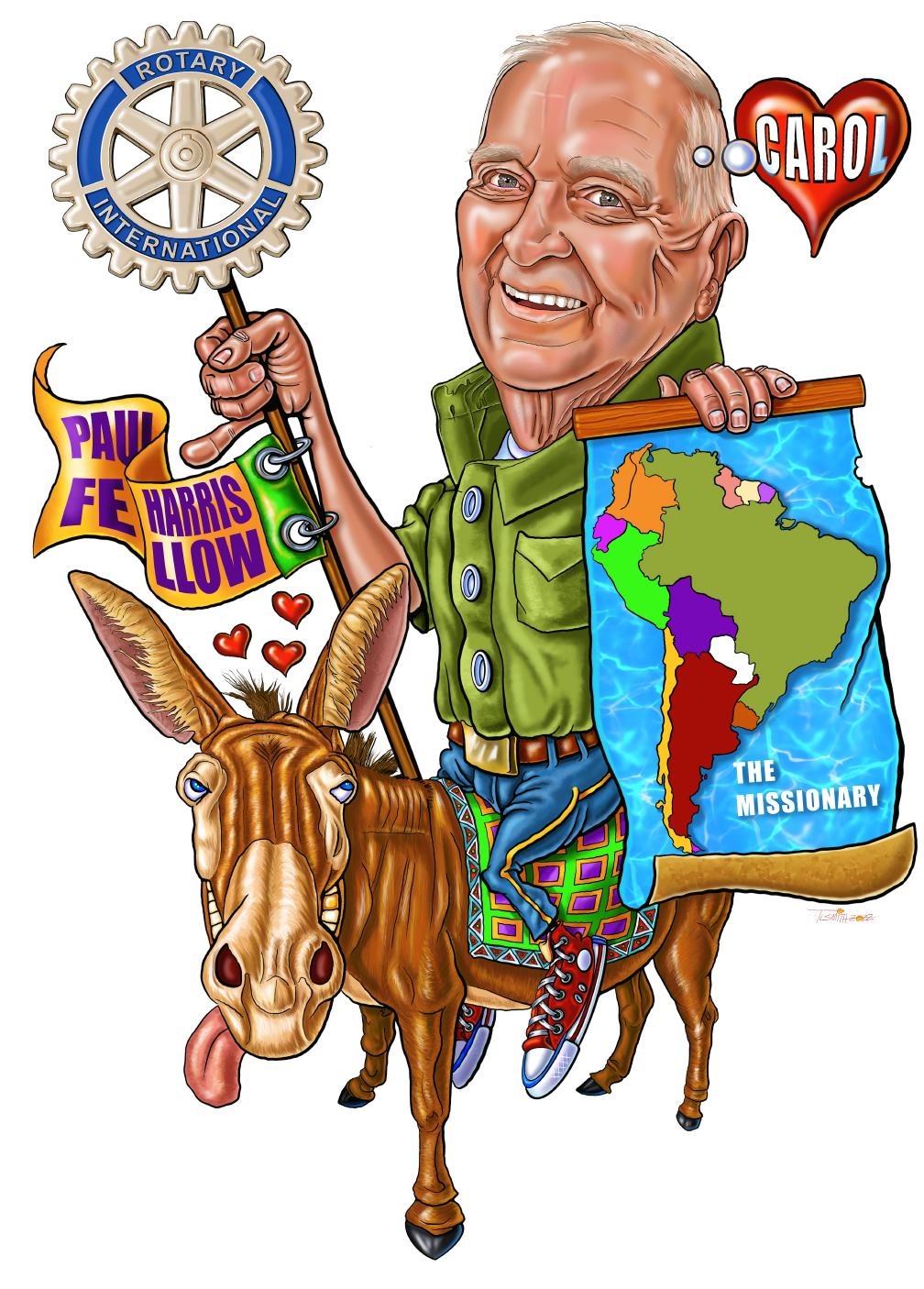 Caricature of a smiling man on a donkey holder a map of South America and a Rotarians staff.