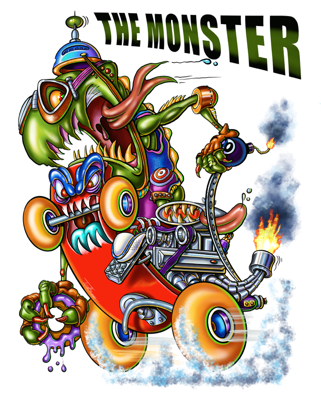 A cartoon of a monster riding a monster skateboard with a Chevy V-8 on it.
