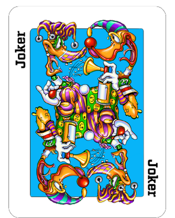 Cartoon playing card. There are two ducks dressed up like jokers teasing each other.