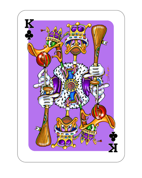 Cartoon playing card. Gemini King with two ducks dressed as kings.