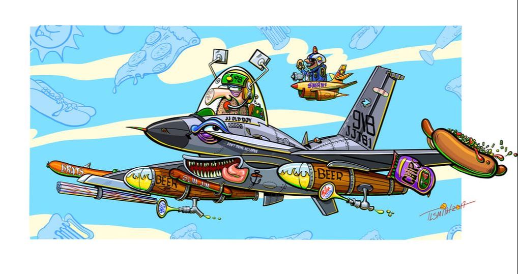 Cartoon of FF-16 Fighter Jet carrying snacks and beer