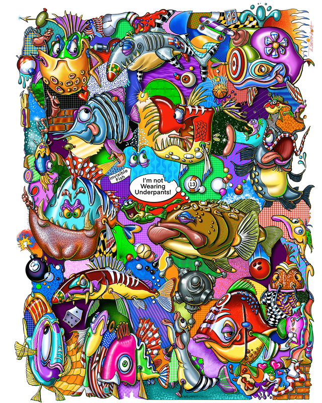 A collage-like piece with a fish focus. There are several cartoon fish, one more colorful than the next.