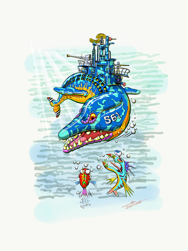 Cartoon, submarine, fish, sea monster
