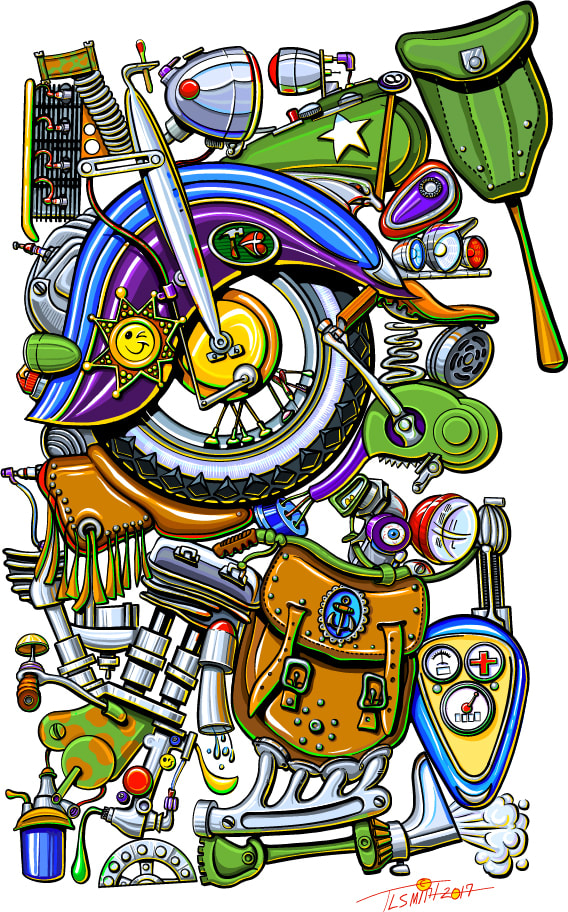 Indian motor cycle, motorcycle, cartoon, wwII, fun, colorful