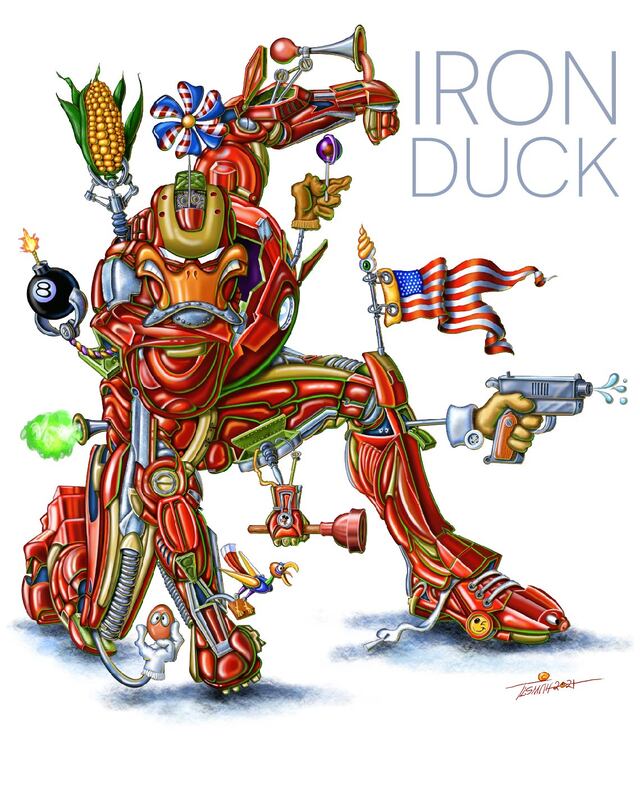 Highly detailed cartoon/parody of Iron Man, but as a duck. There are several items coming out of the suite including an ear of corn, squirt gun, American flag and more.