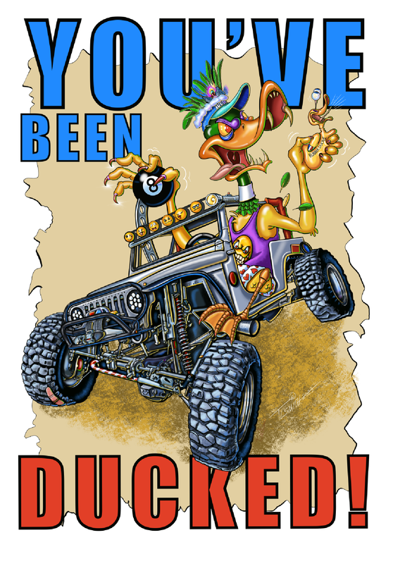 Cartoon of a duck in a rock-crawling jeep. The title is 