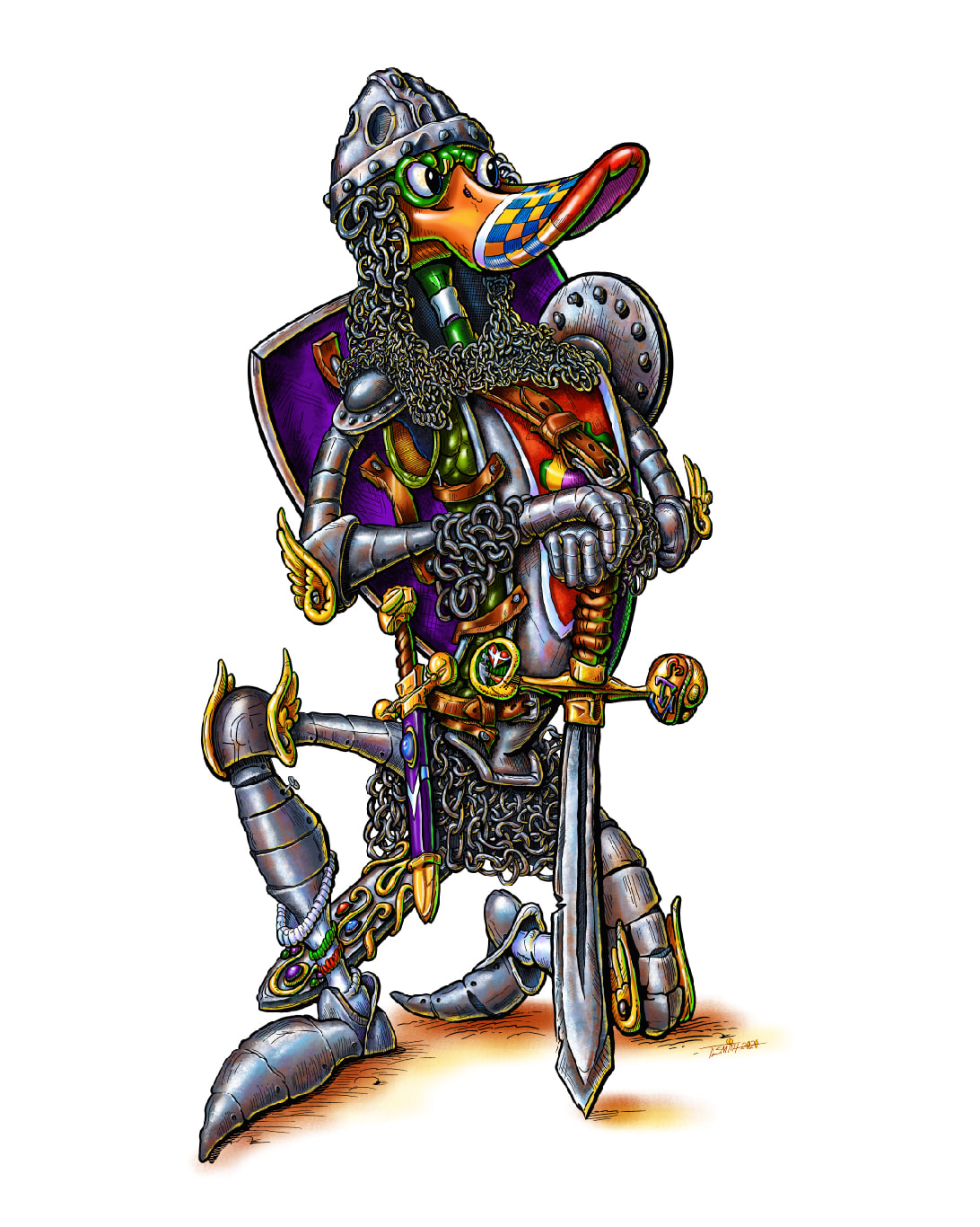 Cartoon of a duck in knight armor. The duck is very stoic. The art is very detailed and colorful.