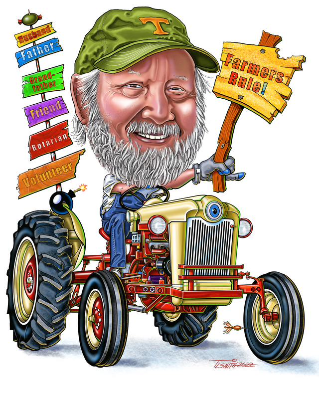 Caricature of older man on a tractor holding up signs.